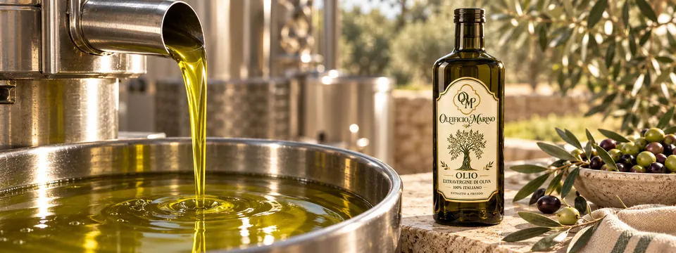 L’olio appena estratto che scende in una vasca d’acciaio