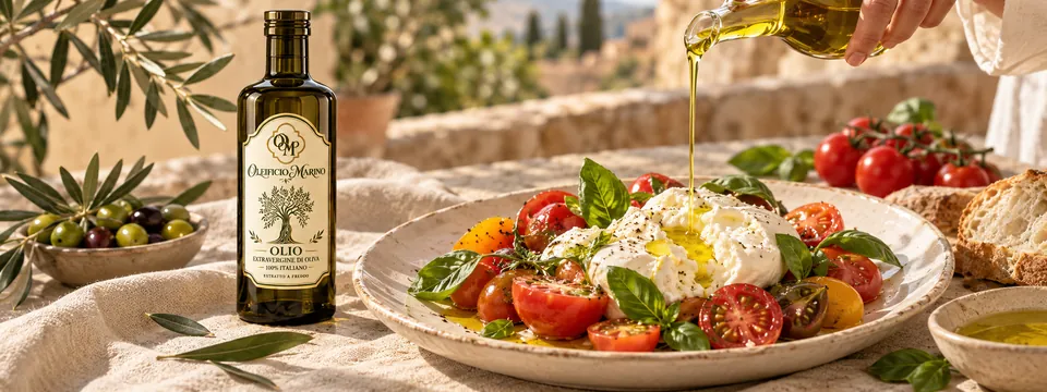Pomodori, burrata e basilico condìti con l’olio