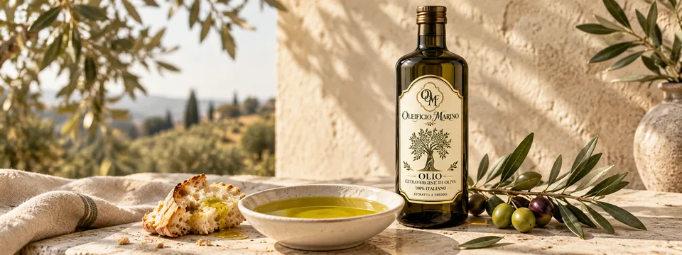 Olio, pane e la bottiglia su una tavola di pietra