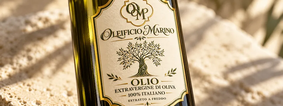 L’etichetta avorio e oro dell’Oleificio Marino sul vetro verde