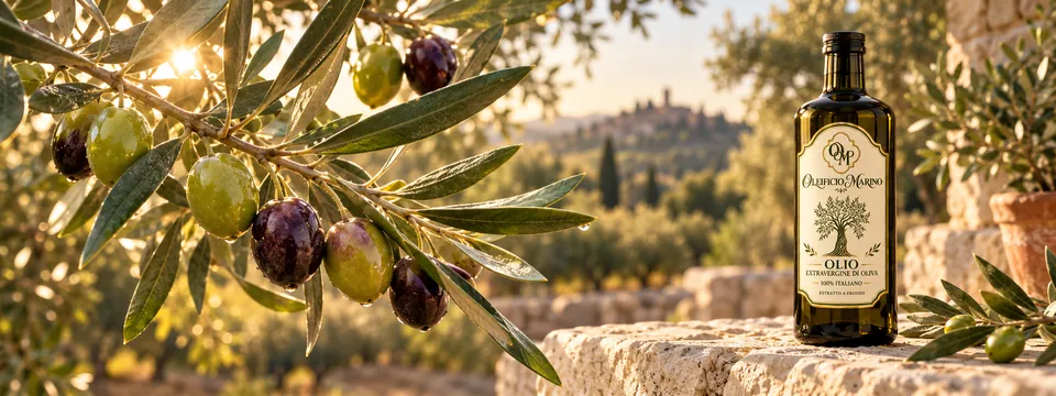 Un ramo d’ulivo carico di olive, con le colline sullo sfondo
